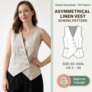 Woman wearing beige asymmetrical linen vest sewing pattern with button front detail, beginner friendly PDF sizes XS-XXXL