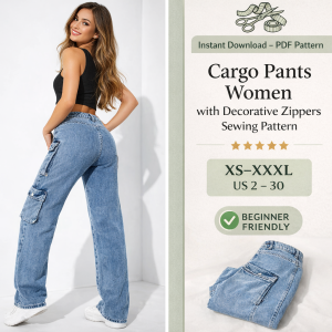 Woman modeling light blue cargo pants with side pockets, showcasing Cargo Pants Women with Decorative Zippers Sewing Pattern XS-XXXL
