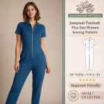 Woman wearing blue zip-front jumpsuit pantsuit plus size women sewing pattern PDF download sizes XS-XXXL beginner friendly